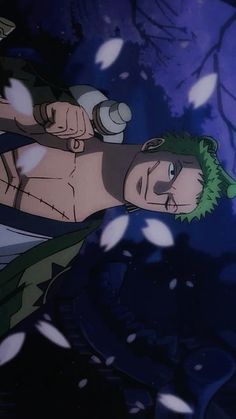 an anime character with green hair and no shirt on in front of falling white leaves