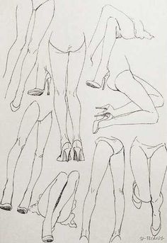 a drawing of three different positions of the legs and feet, with one woman bending over