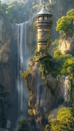 a tall tower sitting on top of a cliff next to a waterfall