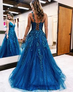 v-neck blue sparkling applique tulle a-line prom dress Prom Dresses Sparkle, Dresses Sparkle, Shine Dress, Lace Prom Dress, Cute Prom Dresses