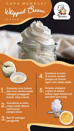 the recipe for whipped cream is shown in an orange and white poster with instructions to make it