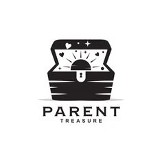 a black and white logo with the word parent treasures on it, in front of a chest