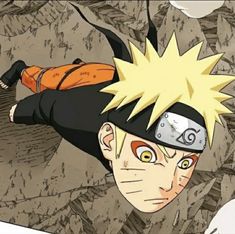 an anime character with orange eyes and black hair is flying through the air over rocks