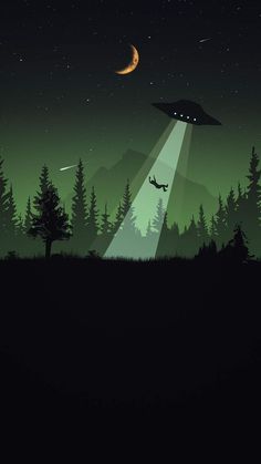 an alien flying through the night sky with trees and mountains in the background at night