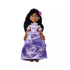 the doll is wearing a purple dress with flowers on it