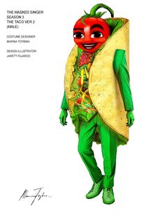 a person in a costume with a taco on their back and a red mask