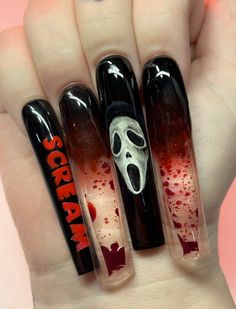 Scream halloween nails.. fake blood that moves! 🩸👻 Halloween Nails Characters, Scary Nails Acrylic, Scary Nail Designs, Halloween Movie Nails, Jigsaw Nails, Freddy Krueger Nails, Scream Halloween Nails, Jason Nails, Halloween Nails Blood