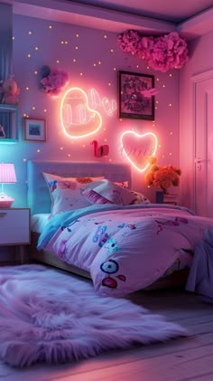 a bedroom with pink and blue lights on the walls