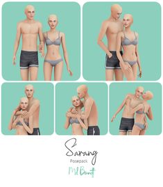 several images of a man and woman in swimsuits with different expressions on them