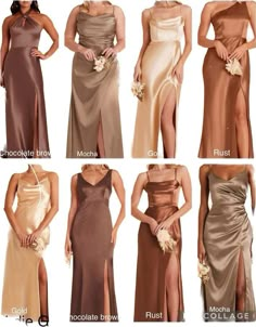 the different types of dresses worn by women in brown, beige and champagne colors are shown