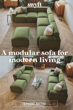 a green sectional sofa for modern living is featured in this ad from the new york times