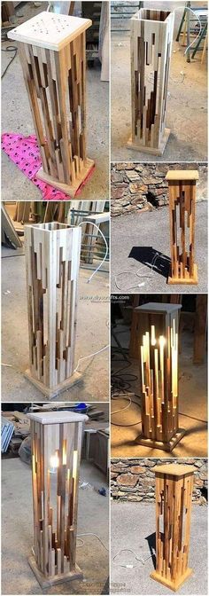 several pictures of different wooden structures made out of wood planks and some light bulbs