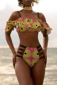 African Print Swimsuit, African Swimwear, Afrikaanse Mode, Yellow Swimsuits, Yellow Crop Top, African Fashion Modern, Two Piece Swimwear, African Print Fashion Dresses, African Clothing Styles