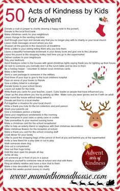 the 50 acts of kindness by kids for christmas info sheet with reindeers and candy canes