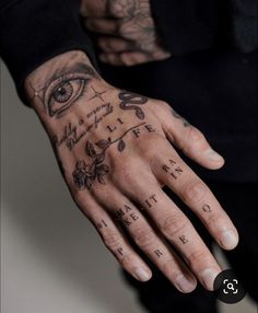 a man with tattoos on his hand and wrist is shown in the image, which appears to be an eye