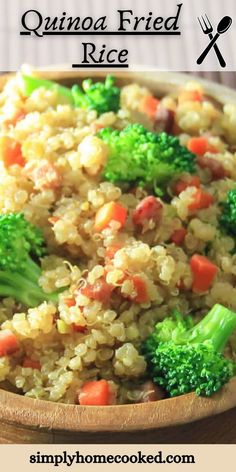 quinoa fried rice with carrots and broccoli in a wooden bowl