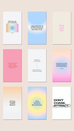 six square cards with different font and colors