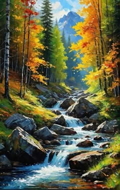 a painting of a stream in the woods