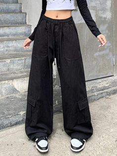 ⚡️Buy Drawstring Street Baggy Cargo Pants Black S under $43.00 in Pants Online. Style: Casual/Street/Punk/Vintage. Fabric Content: Polyester, Spandex. Fit Type: Loose fit. ✓Free Shipping on all orders over US$69. Street Punk, Jeans Outfit Summer, 2000s Outfits, Baggy Cargo Pants, Punk Vintage, Crop Top Dress, Jean Flare, Summer Jeans, Satin Mini Dress