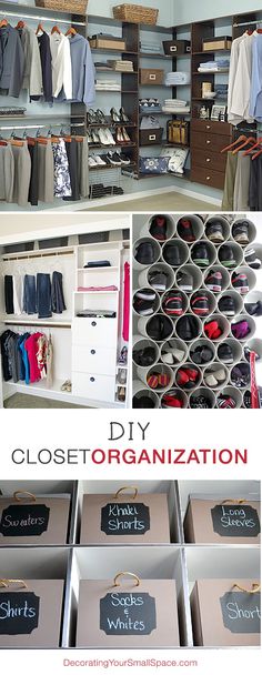 an organized closet with clothes, shoes and other items in it that are labeled diy closet organization