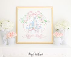 there are flowers and vases on the mantle in front of this disney castle print