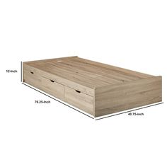 a wooden bed frame with two drawers and measurements for the bottom part of the bed