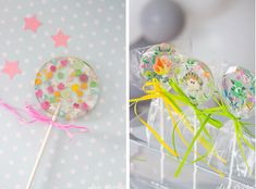 there are two pictures of candy lollipops on the table and one is decorated with stars