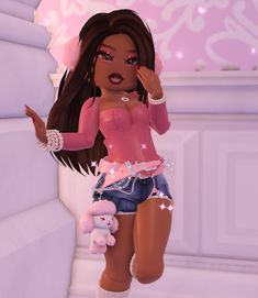 an animated image of a woman in short shorts and pink top holding a teddy bear