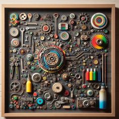 an art piece made out of various types of buttons and other items on a wooden frame