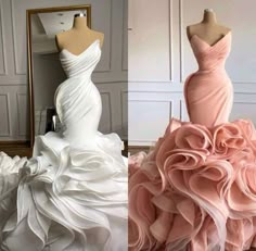 two dresses with ruffles on them, one in pink and the other in white