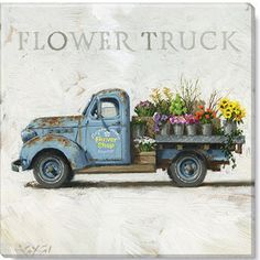 an old blue truck with flowers in the bed is painted on a white background and reads, flowertruck