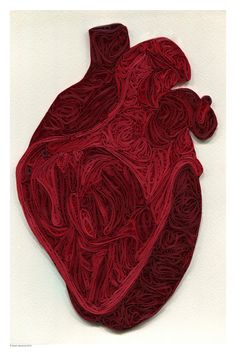 a drawing of a human heart made out of red yarn on white paper with the shape of a heart in the center