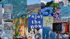 a collage of photos with words and pictures on them, including signs that say enjoy the now