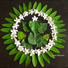 some white flowers and green leaves are arranged in a circle on a black table top