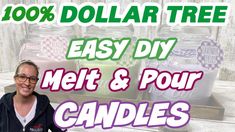 a woman sitting in front of some jars with candles on it and the words dollar tree easy