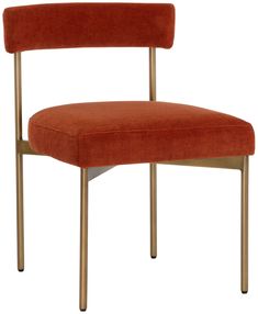 an orange chair with gold legs and a seat cushion on the back, against a white background