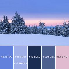 the color palette is blue, pink, and purple with snow covered trees in the background