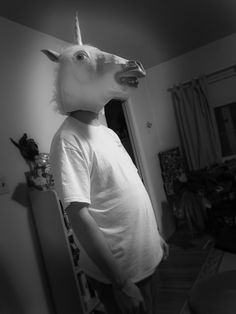 a man wearing a unicorn mask standing in a living room