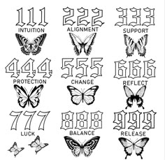 butterflies and numbers with the names of each species in black ink on a white background