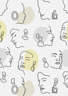 a bunch of different faces drawn in black and white on a light gray background with yellow highlights