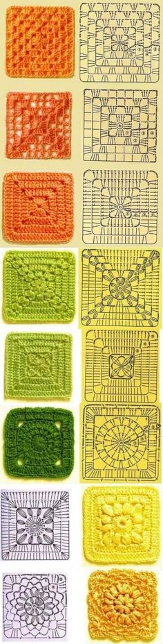 some different colored crochet stitches on a white surface with orange, yellow and green colors