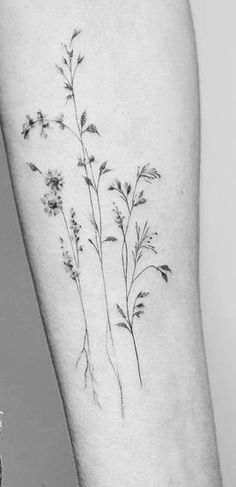 a black and white photo of a flower on the arm, with small flowers growing out of it