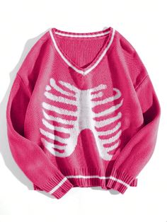 Skeleton Pattern Drop Shoulder Sweater Hot Pink Casual  Long Sleeve Fabric Halloween Pullovers Slight Stretch Spring/Fall Women Clothing, size features are:Bust: ,Length: ,Sleeve Length: Skeleton Pattern, Women Sweaters, Purple Sweater, Dream Clothes, Knitwear Women, Look Cool, Aesthetic Clothes, Pretty Outfits