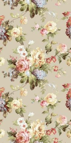 a floral wallpaper with many different colors and flowers on the wall, including roses