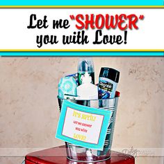 an advertisement for the shower you with love product on a red box and blue border