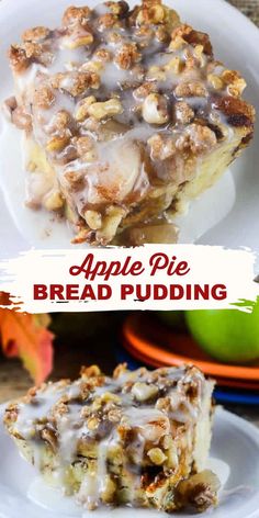 apple pie bread pudding on a plate with apples in the background and text overlay