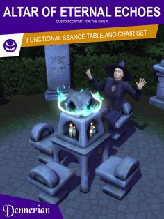 an animated character sitting in front of a table and chair set with the text altar of eternal echos