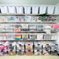 Storage room supplies organized on shelves in clear bins and storage totes Melamine Shelves, Closet Spaces, Elfa Shelving, Supply Room, Balloon Company, Shelving Solutions, Taste The Rainbow, Custom Closets