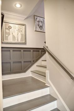 the stairs in this house have been painted gray and white with pictures on the wall above them