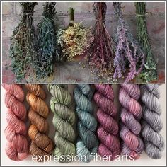 several skeins of yarn are shown in different colors and sizes, with the words expression fiber arts above them